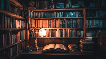 A cozy library scene with books, a lamp, and an open book on a wooden table.