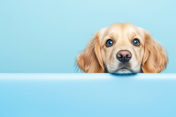A cute golden retriever puppy peeks over a blue surface, showcasing its expressive eyes and fluffy fur.