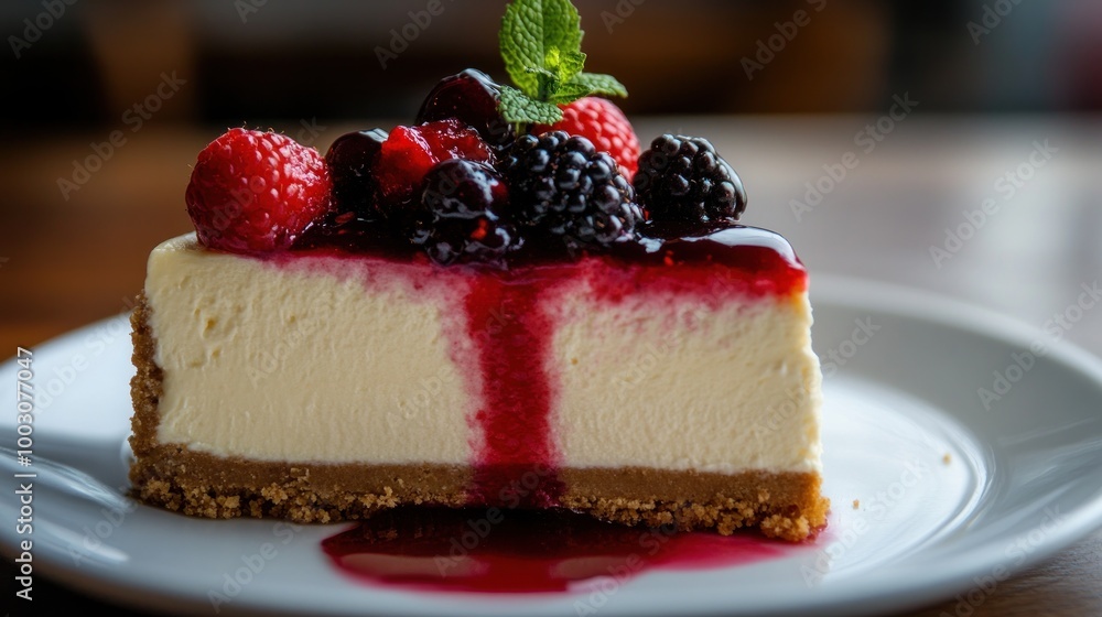 Wall mural A slice of cheesecake topped with mixed berries and a berry sauce on a plate.