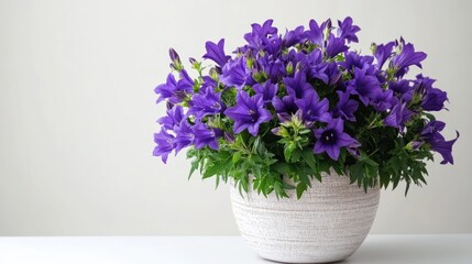 A vibrant arrangement of purple flowers in a textured pot on a neutral background.