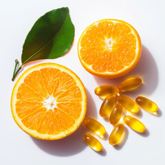 Fototapeta premium Fresh oranges and vitamin C capsules, Immune system boost, Immune-boosting foods, Fresh fruits and vitamins, Vitamin C