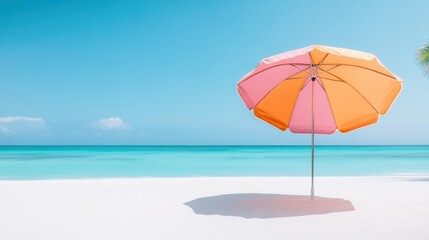 A colorful beach umbrella casting a shadow on the white sand, with a turquoise ocean and palm trees in the background.