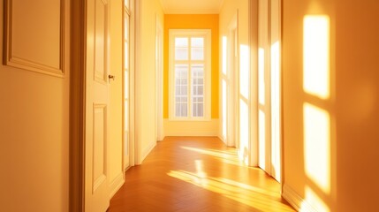 A sunlit hallway with yellow walls and wooden flooring, creating a warm and inviting atmosphere.