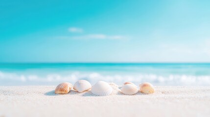 A close up shot of seashells scattered on the sand, with gentle waves lapping at the shore and a bright blue sky above.