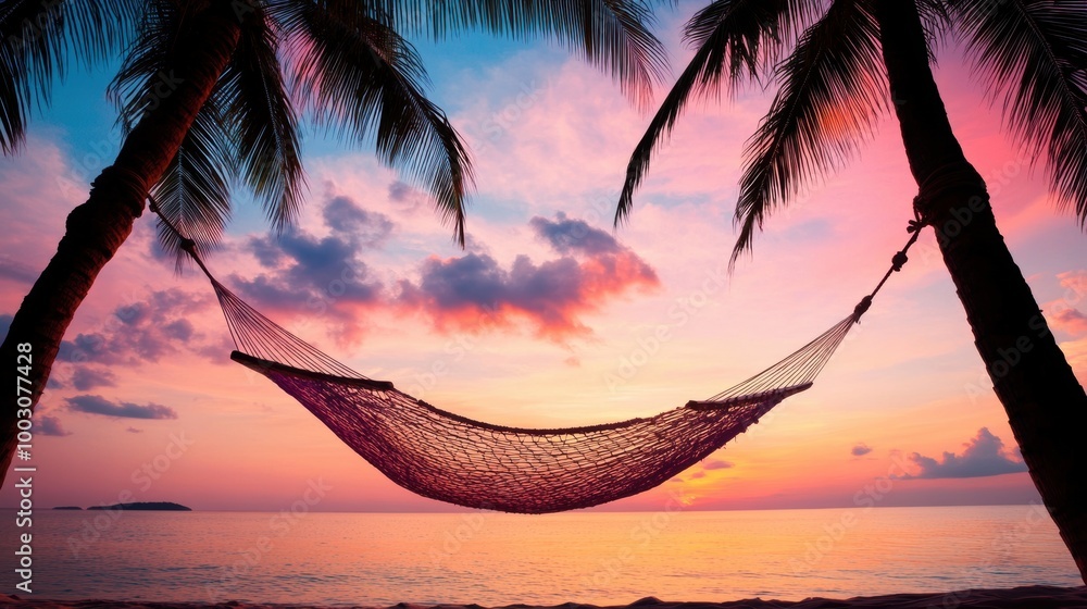 Poster a hammock swaying gently between two palm trees on a secluded beach, with a view of the ocean and a 