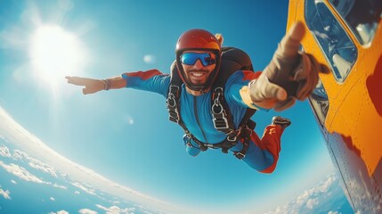 Young guy jumping out of a plane at high speed from the heights, extreme sport of skydiving