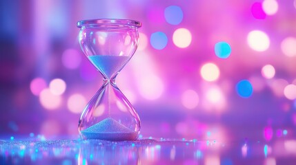 An hourglass filled with sand, illuminated by colorful bokeh lights in the background.