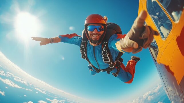 Young guy jumping out of a plane at high speed from the heights, extreme sport of skydiving