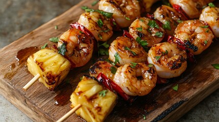 Pineapple and shrimp skewers with chili glaze, on a rustic wooden board with a sleek silver metallic background