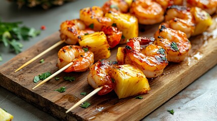 Pineapple and shrimp skewers with chili glaze, on a rustic wooden board with a sleek silver metallic background