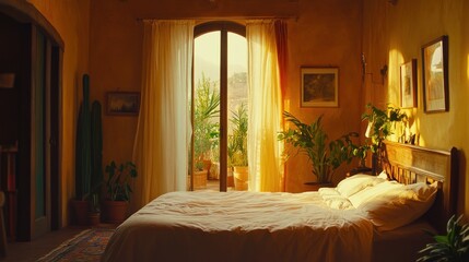 A sunlit bedroom with plants and a view, creating a serene and inviting atmosphere.