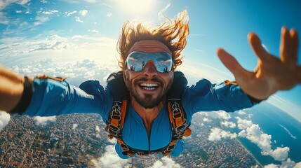 Young guy jumping out of a plane at high speed from the heights, extreme sport of skydiving