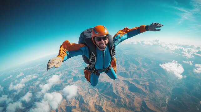 Young guy jumping out of a plane at high speed from the heights, extreme sport of skydiving