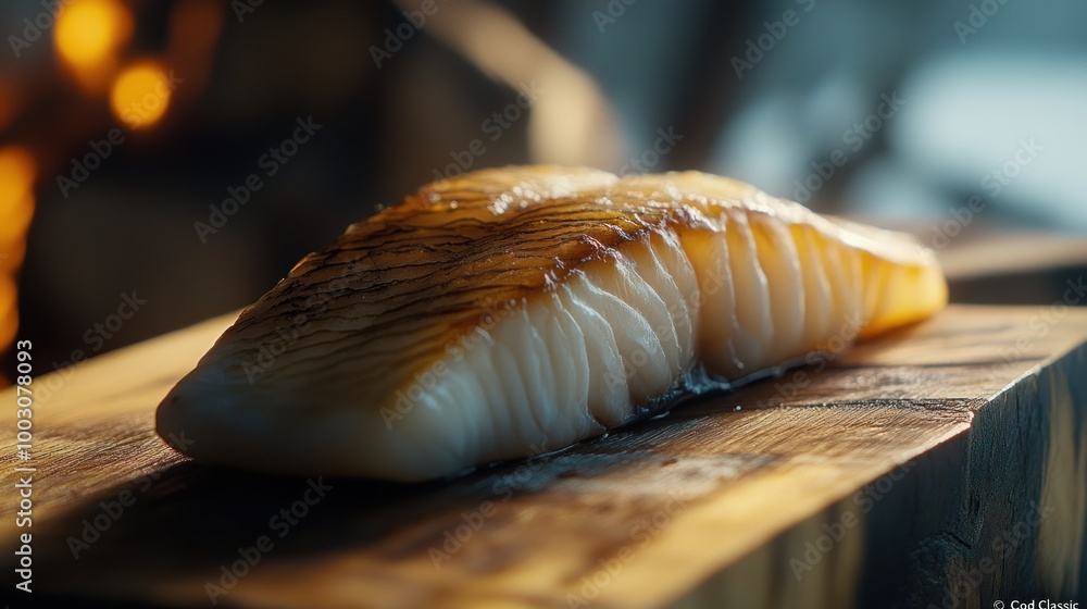 Canvas Prints A close-up of a beautifully cooked fish fillet on a wooden board, highlighting its texture.