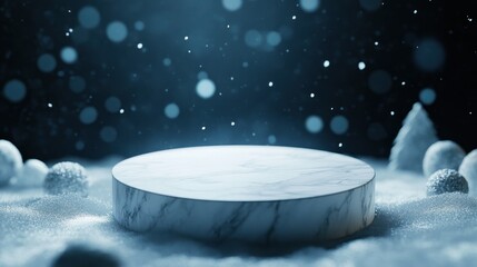A serene, snowy scene featuring a marble platform surrounded by soft, glowing particles.