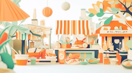 A vibrant food market scene with colorful stalls and various dishes.