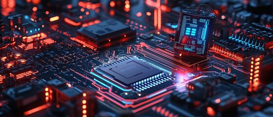 Fototapeta premium Close-up of a computer motherboard with glowing red and blue lines.