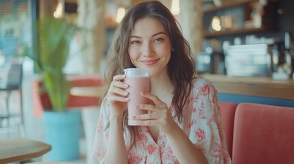 Woman sips smoothie, messages friends.