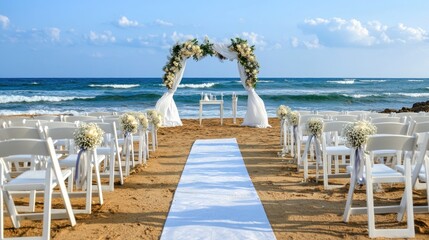 Fototapeta premium A beach wedding setup with chairs, an altar, and a white aisle leading to the ocean.