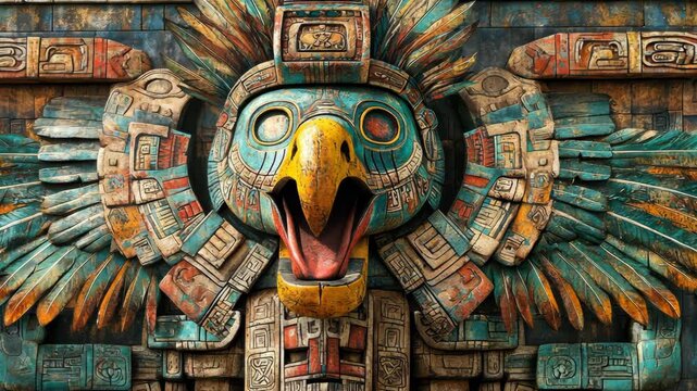 A colorful and detailed carving of an eagle, possibly a representation of Quetzalcoatl, adorns the facade of an ancient Mesoamerican structure