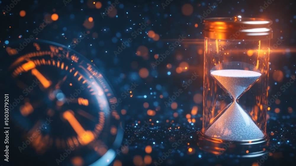 Poster a close-up of an hourglass and compass, symbolizing time and direction in a mystical setting.