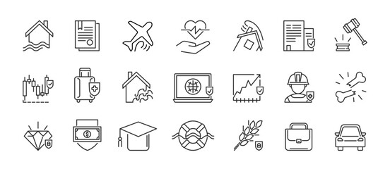 Insurance icons set. Contain home, life, car, medical, money. Vector