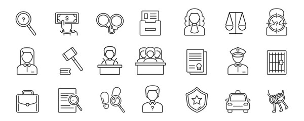 Law icon set. Justice and legal line icons. Vector stock