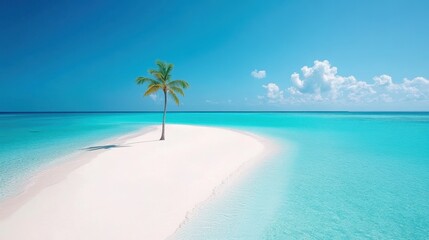 Fototapeta premium A pristine tropical beach with white sand, crystal clear turquoise water, and swaying palm trees.