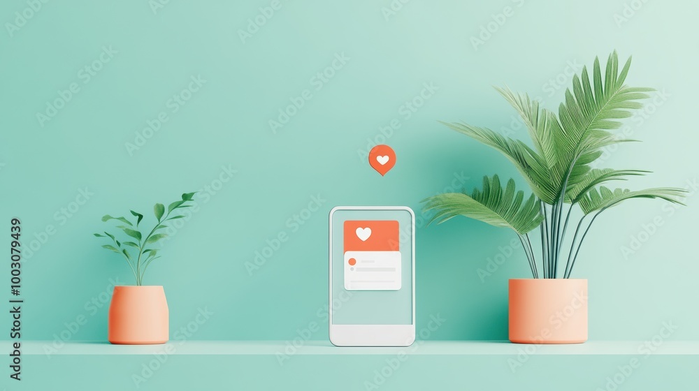 Poster a minimal illustration of a smartphone with a user profile and a notification banner highlighting ne