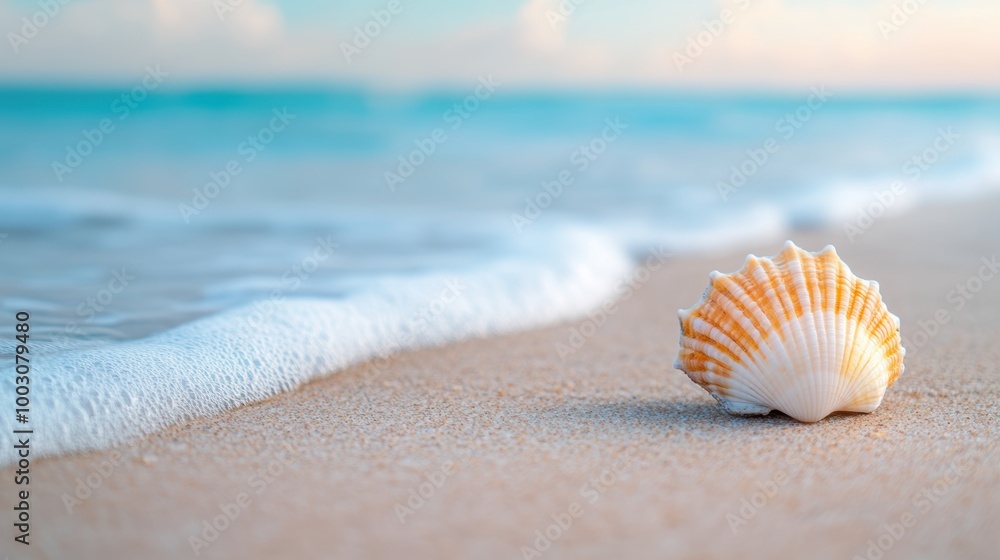 Poster a beautiful seashell with intricate patterns and colors, resting on a sandy beach with waves gently 