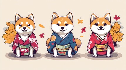 Fototapeta premium Three Shiba Inu dogs wearing traditional Japanese kimonos with autumn leaves.