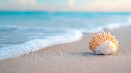 Obraz premium A beautiful seashell with intricate patterns and colors, resting on a sandy beach with waves gently lapping at the shore.
