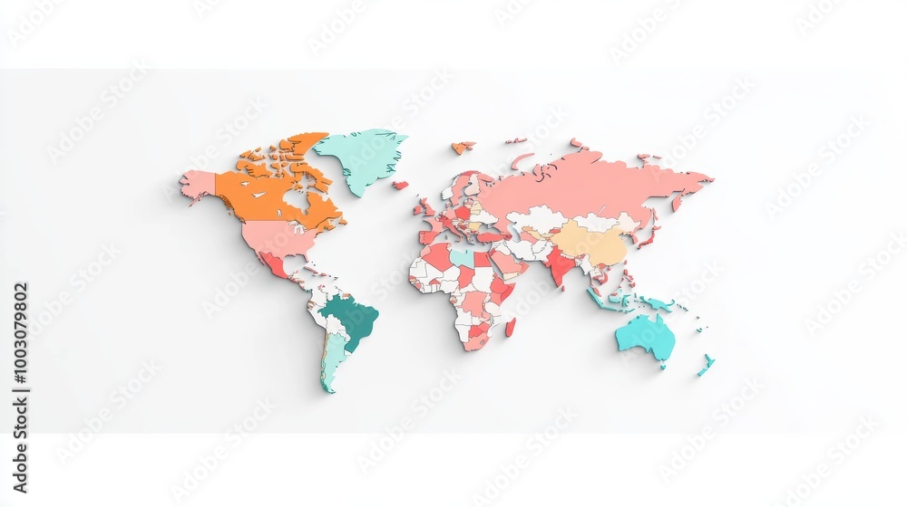 Poster modern flat map with country borders, a contemporary flat vector world map with distinct color coded