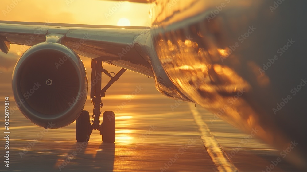 Sticker Airplane engine and landing gear at sunset, highlighting aviation and travel themes.