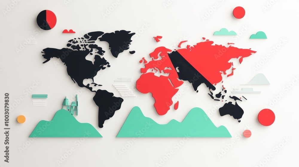 Poster abstract flat map of the world, an abstract, stylized flat vector illustration of the world map, usi