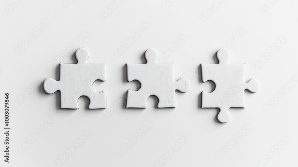 Poster three white puzzle pieces on a clean surface, symbolizing connection and problem-solving.