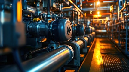 Industrial machinery with pipes and valves illuminated in a factory setting.