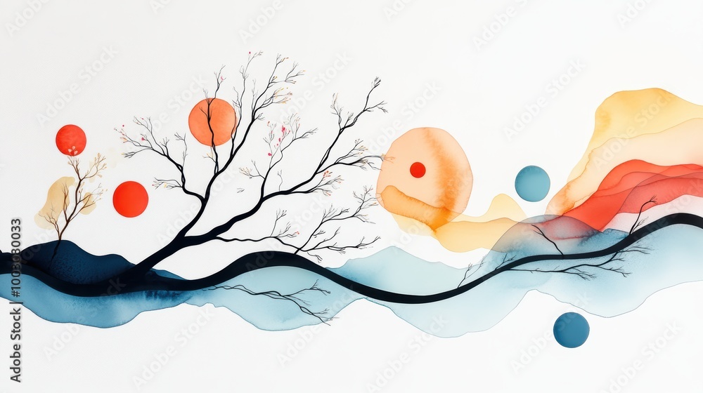 Poster abstract watercolor map with flowing lines, a unique watercolor map featuring abstract shapes and fl