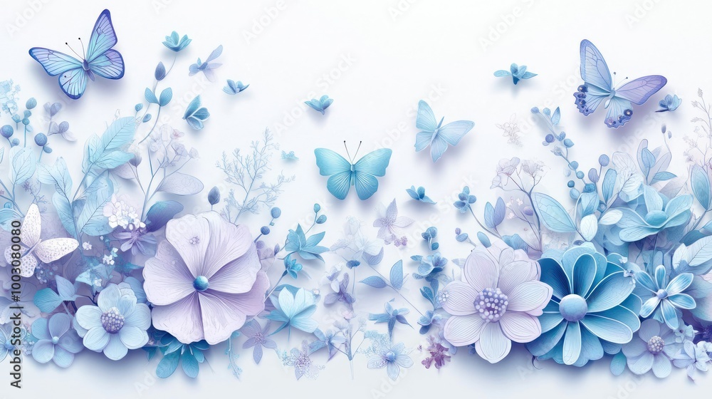 Sticker A serene arrangement of blue flowers and butterflies, evoking tranquility and beauty.