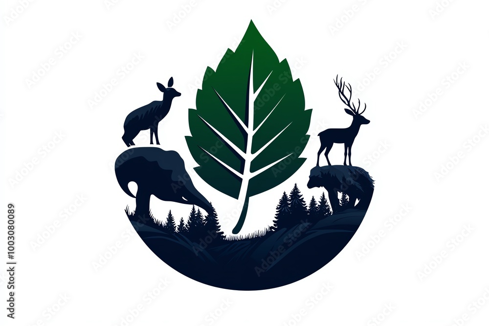 Poster simple nature conservation symbol, with a leaf and wildlife silhouette, representing eco-friendly pr