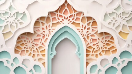 Intricate decorative wall with floral patterns and an arched doorway in soft pastel colors.