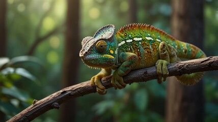 Obraz premium realistic illustration of a green chameleon on the branch of tree