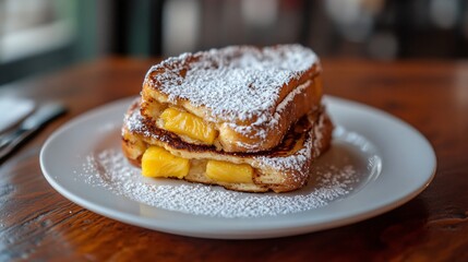 Pineapple-stuffed French toast with powdered sugar, served on a modern white plate with a contrasting dark wood background