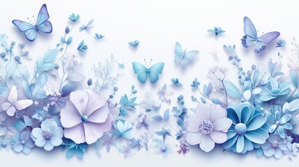 A serene arrangement of blue flowers and butterflies, evoking tranquility and beauty.