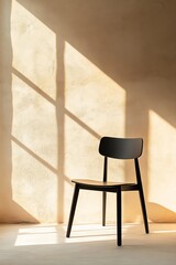 A minimalist black chair casting shadows against a warm, textured wall, creating a serene and modern interior atmosphere.
