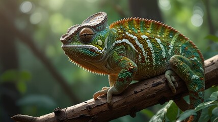 Fototapeta premium realistic illustration of a green chameleon on the branch of tree