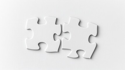 Fototapeta premium Two interlocking white puzzle pieces on a light background.