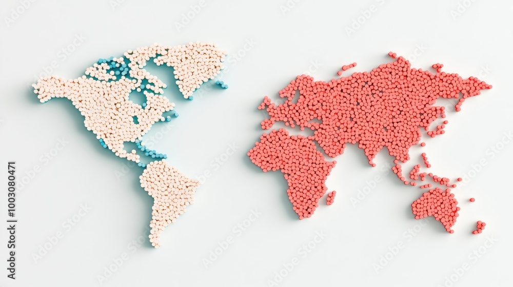 Poster dot map of global population distribution, a dot map of the world, where the density of dots represe