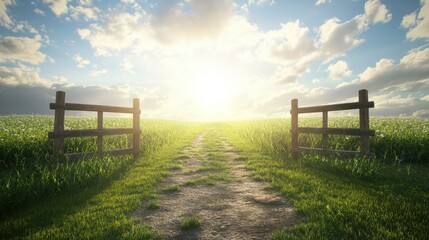 Fototapeta premium Concept of putting gates to the field, bright sky with sunshine and green meadow
