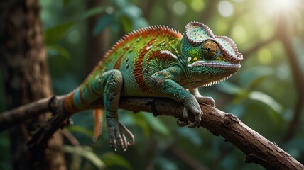 realistic illustration of a green chameleon on the branch of tree